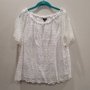 Sz 2X Talbots White Short Sleeve Lace Overlay Cotton Top